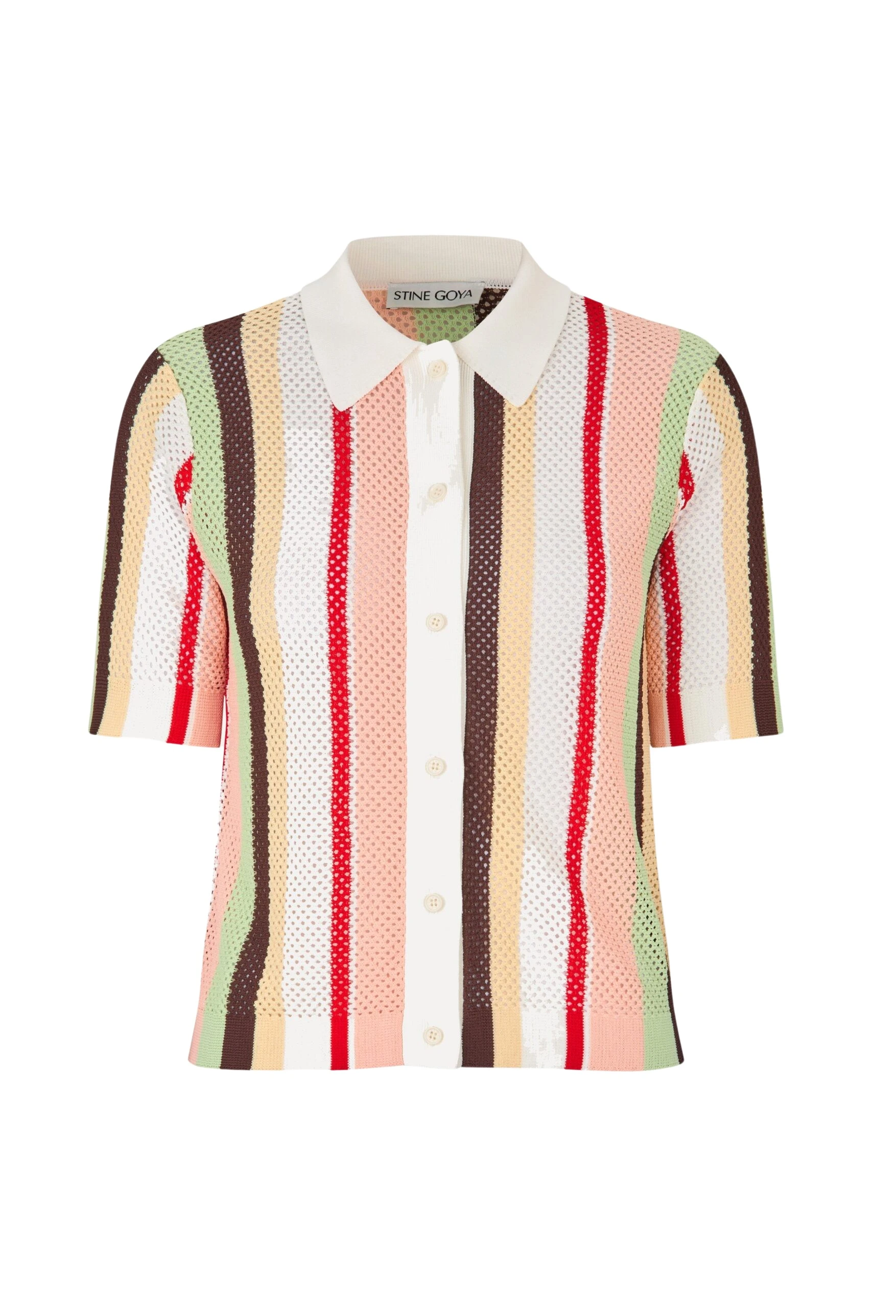 Stine Goya Short Sleeve Crochet Polo in Baseball Pinstripes