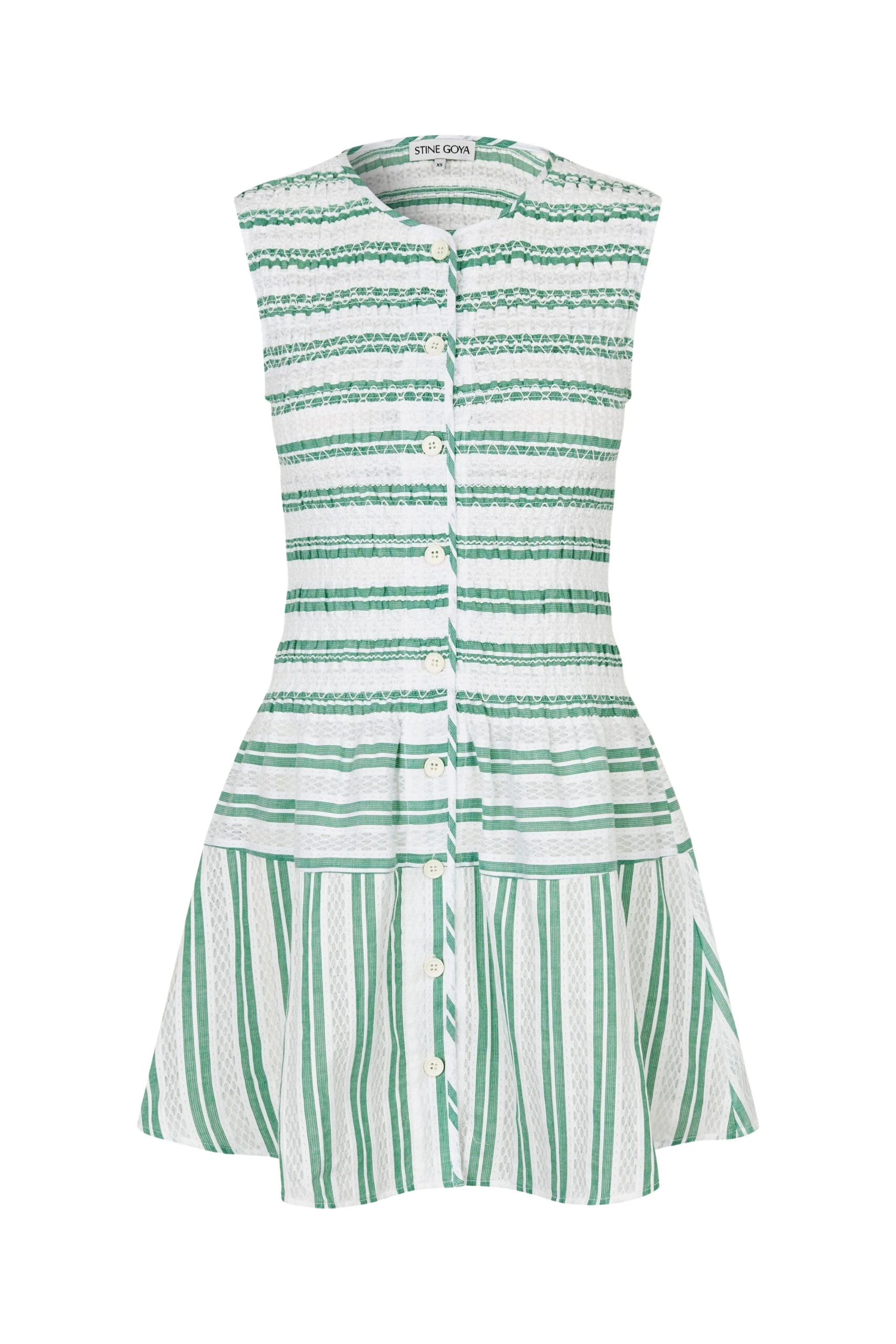 Stine Goya Sleeveless Smocked Short Dress in Smocked Stripes