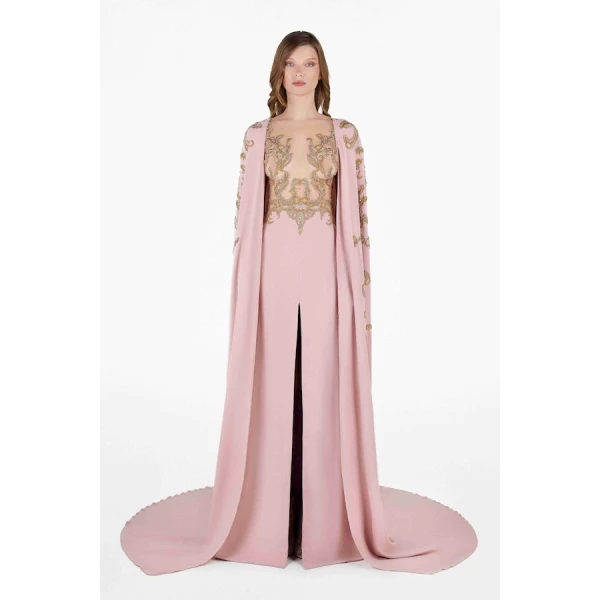 Tony Ward Blush Gold Structured Cape Gown - Dresses - Lebanese Luxury Evening Wear at Luxury Shoes 
