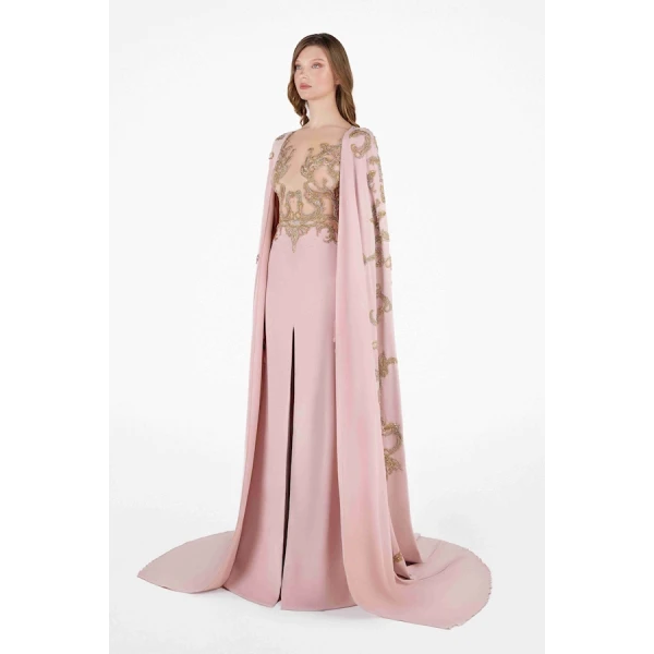 Tony Ward Blush Gold Structured Cape Gown - Dresses - Lebanese Luxury Evening Wear at Luxury Shoes 