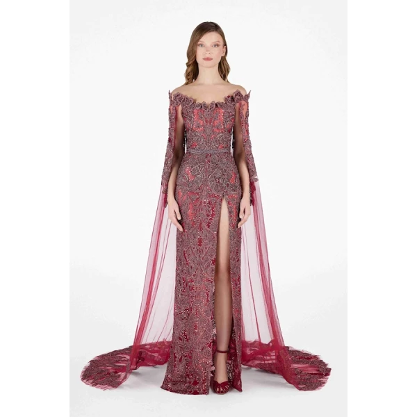 Tony Ward Burgundy Crystal Cape Gown - Dresses - Lebanese Luxury Evening Wear at Luxury Shoes 