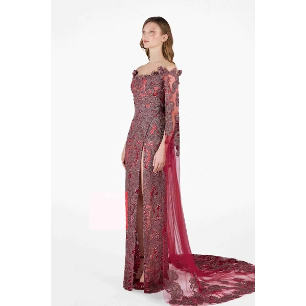 Tony Ward Burgundy Crystal Cape Gown - Dresses - Lebanese Luxury Evening Wear at Luxury Shoes 