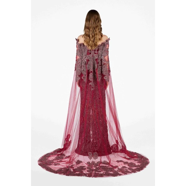 Tony Ward Burgundy Crystal Cape Gown - Dresses - Lebanese Luxury Evening Wear at Luxury Shoes 