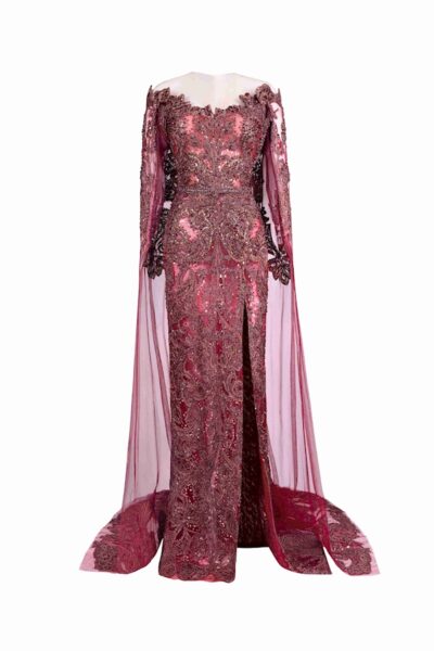 Tony Ward Burgundy Crystal Cape Gown - Dresses - Lebanese Luxury Evening Wear at Luxury Shoes 