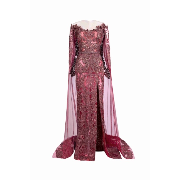 Tony Ward Burgundy Crystal Cape Gown - Dresses - Lebanese Luxury Evening Wear at Luxury Shoes 