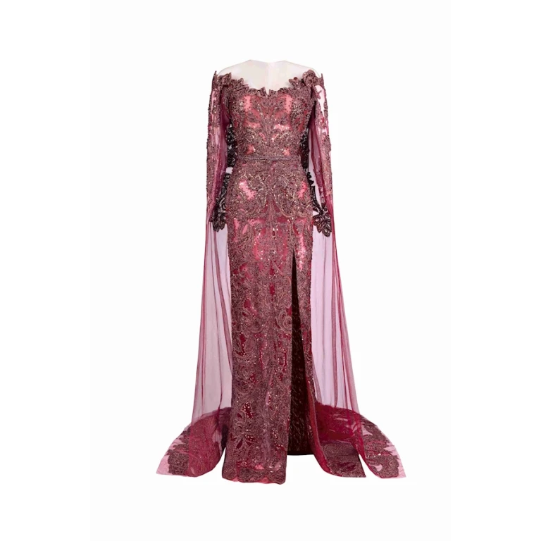 Tony Ward Burgundy Crystal Cape Gown - Dresses - Lebanese Luxury Evening Wear at Luxury Shoes 