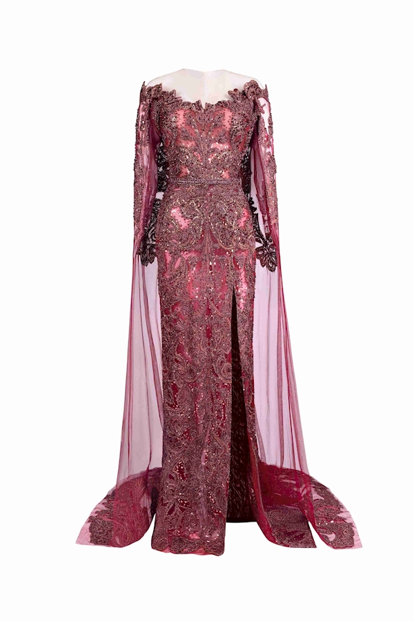 Tony Ward Burgundy Crystal Cape Gown - Dresses - Lebanese Luxury Evening Wear at Luxury Shoes 