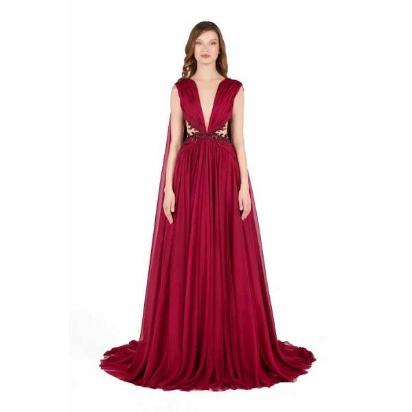Tony Ward Burgundy Ruffled Cape Gown - Dresses - Lebanese Luxury Evening Wear at Luxury Shoes 