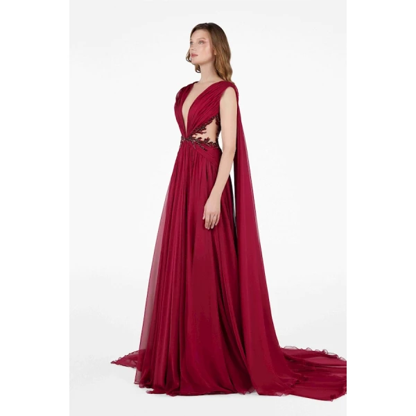 Tony Ward Burgundy Ruffled Cape Gown - Dresses - Lebanese Luxury Evening Wear at Luxury Shoes 