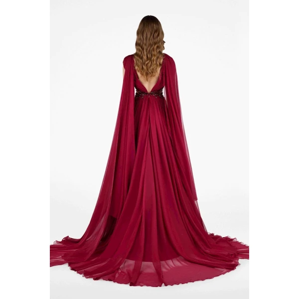 Tony Ward Burgundy Ruffled Cape Gown - Dresses - Lebanese Luxury Evening Wear at Luxury Shoes 