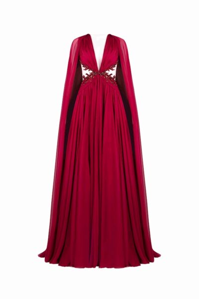 Tony Ward Burgundy Ruffled Cape Gown - Dresses - Lebanese Luxury Evening Wear at Luxury Shoes 