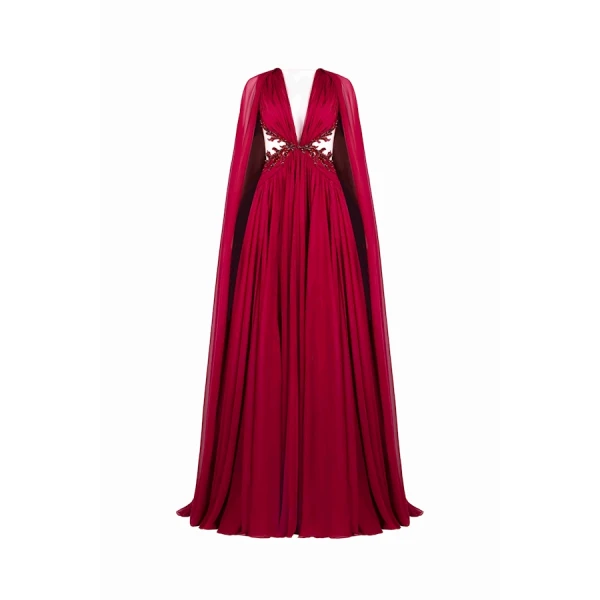 Tony Ward Burgundy Ruffled Cape Gown - Dresses - Lebanese Luxury Evening Wear at Luxury Shoes 