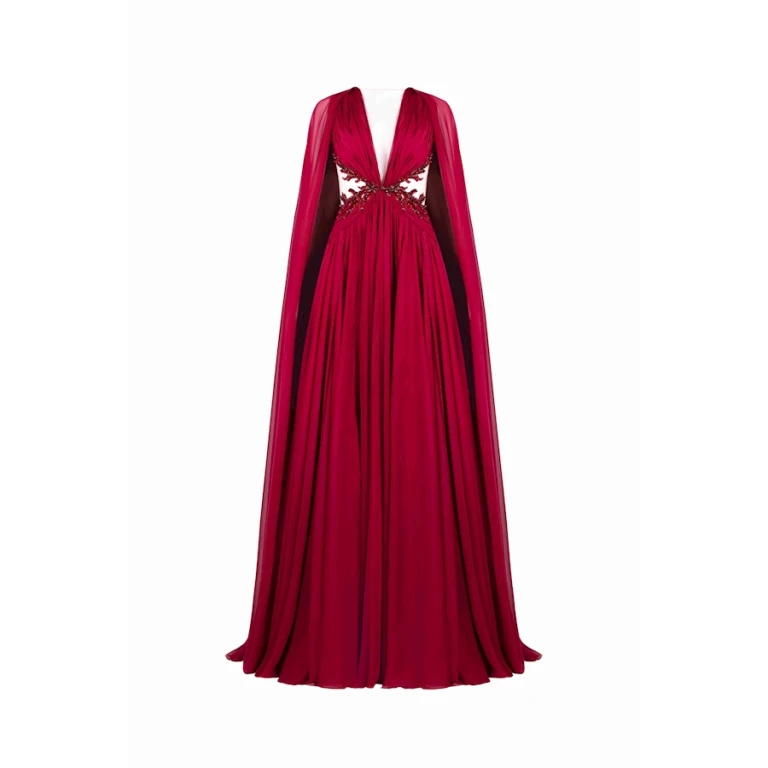 Tony Ward Burgundy Ruffled Cape Gown - Dresses - Lebanese Luxury Evening Wear at Luxury Shoes 