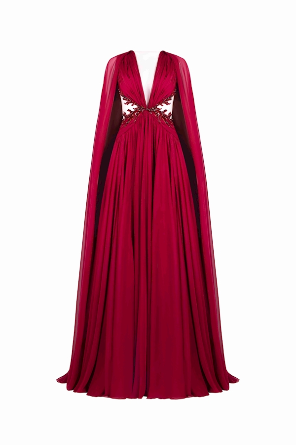 Tony Ward Burgundy Ruffled Cape Gown - Dresses - Lebanese Luxury Evening Wear at Luxury Shoes 