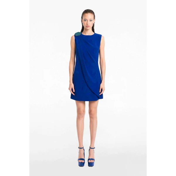Tony Ward Deep Blue Crepe Mini Dress with Brooch - Dresses - Lebanese Luxury Evening Wear at Luxury Shoes 