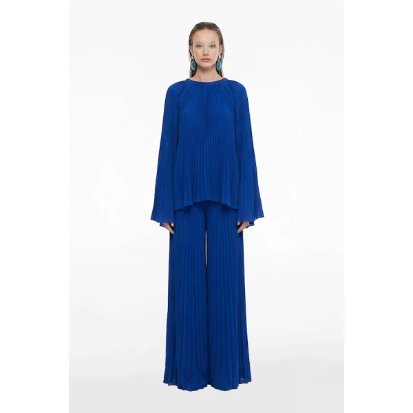 Tony Ward Deep Blue Pleated Top and Wide Leg Pants - Pants - Lebanese Luxury Evening Wear at Luxury Shoes 