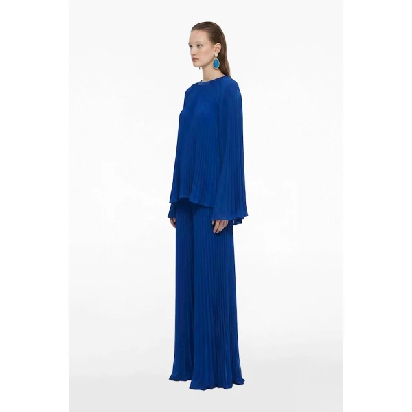 Tony Ward Deep Blue Pleated Top and Wide Leg Pants - Pants - Lebanese Luxury Evening Wear at Luxury Shoes 