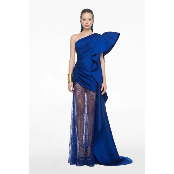 Tony Ward Deep Blue Taffeta Dress with Oversized Sleeves - Dresses - Lebanese Luxury Evening Wear at Luxury Shoes 