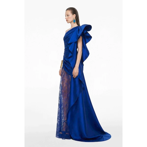 Tony Ward Deep Blue Taffeta Dress with Oversized Sleeves - Dresses - Lebanese Luxury Evening Wear at Luxury Shoes 