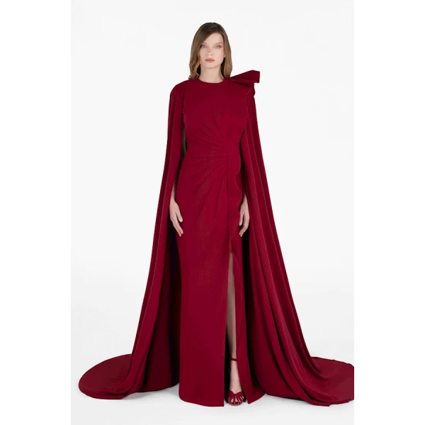 Tony Ward Red Draped Cape Slit Gown - Dresses - Lebanese Luxury Evening Wear at Luxury Shoes 