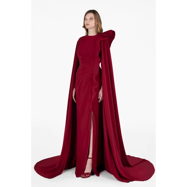 Tony Ward Red Draped Cape Slit Gown - Dresses - Lebanese Luxury Evening Wear at Luxury Shoes 