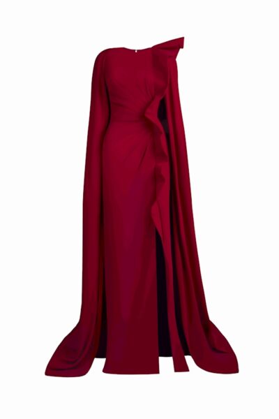 Tony Ward Red Draped Cape Slit Gown - Dresses - Lebanese Luxury Evening Wear at Luxury Shoes 