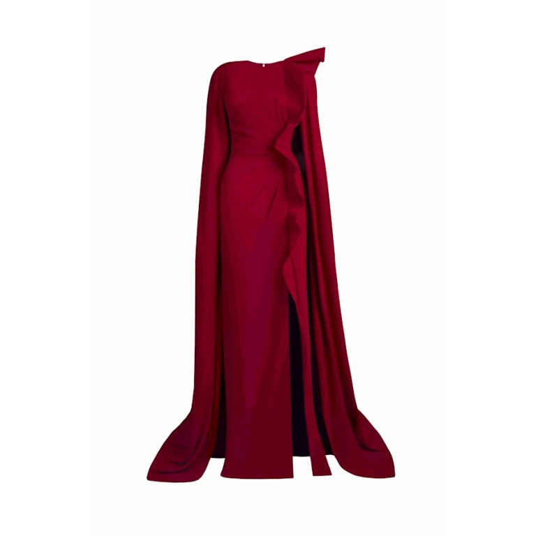 Tony Ward Red Draped Cape Slit Gown - Dresses - Lebanese Luxury Evening Wear at Luxury Shoes 