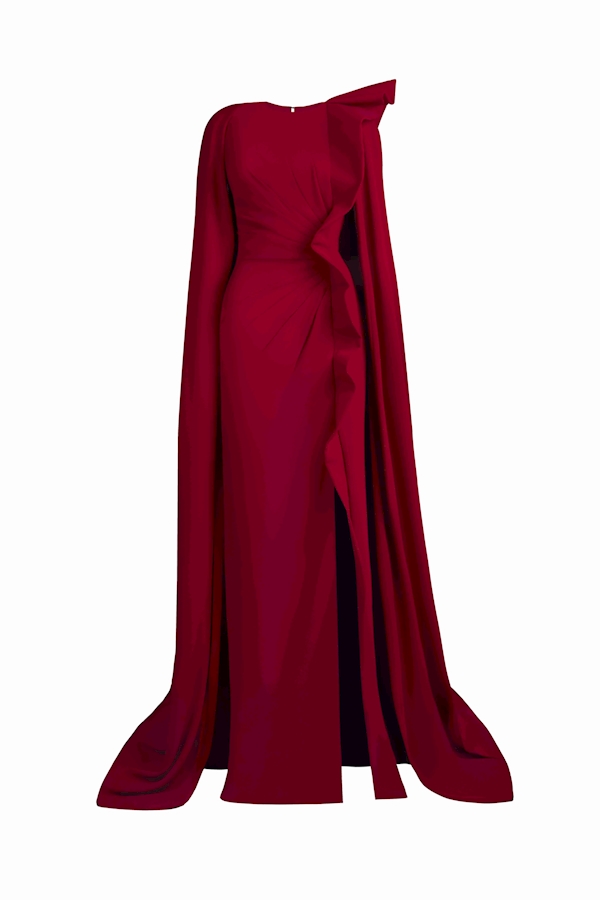 Tony Ward Red Draped Cape Slit Gown - Dresses - Lebanese Luxury Evening Wear at Luxury Shoes 