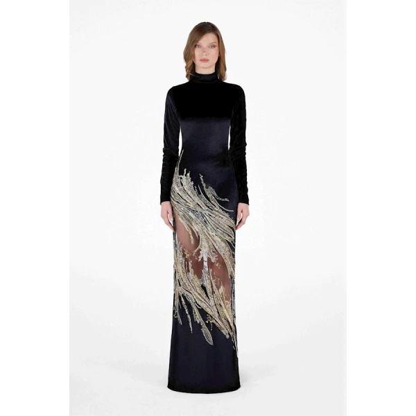 Tony Ward Velvet Gold Swirl Midi Dress - Dresses - Lebanese Luxury Evening Wear at Luxury Shoes 