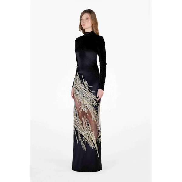 Tony Ward Velvet Gold Swirl Midi Dress - Dresses - Lebanese Luxury Evening Wear at Luxury Shoes 