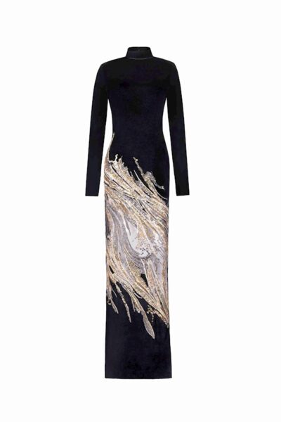 Tony Ward Velvet Gold Swirl Midi Dress - Dresses - Lebanese Luxury Evening Wear at Luxury Shoes 