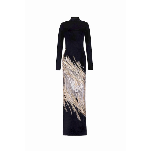 Tony Ward Velvet Gold Swirl Midi Dress - Dresses - Lebanese Luxury Evening Wear at Luxury Shoes 
