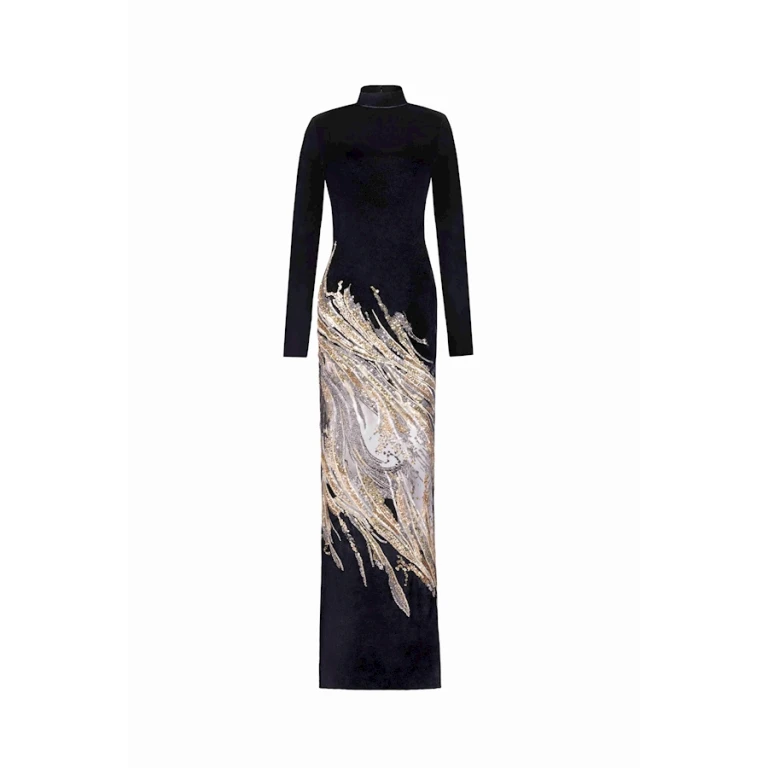 Tony Ward Velvet Gold Swirl Midi Dress - Dresses - Lebanese Luxury Evening Wear at Luxury Shoes 