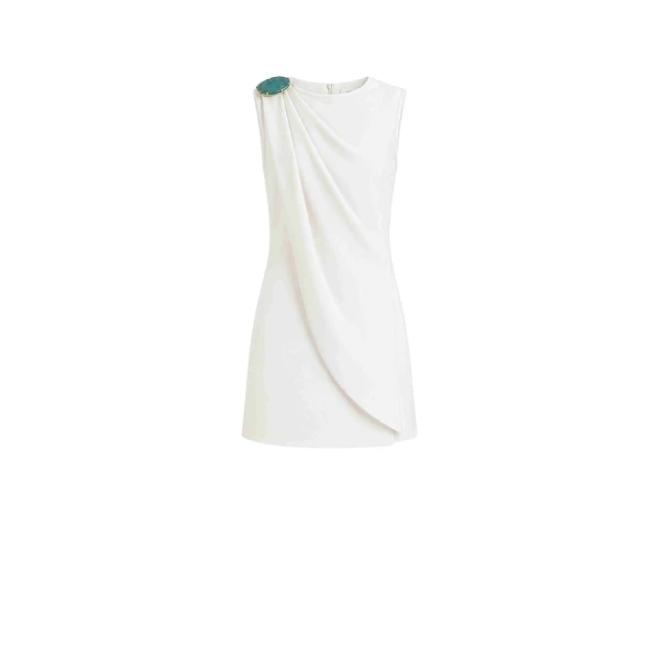 Tony Ward White Crepe Mini Dress with Brooch - Dresses - Lebanese Luxury Evening Wear at Luxury Shoes 