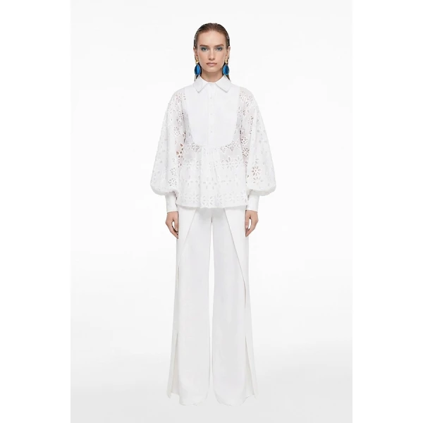 Tony Ward White Crochet Blouse and Wide Leg Pants - Pants - Lebanese Luxury Evening Wear at Luxury Shoes 