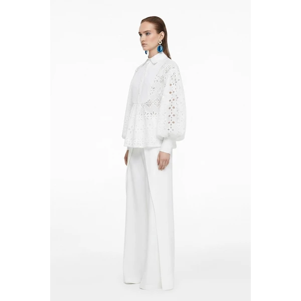 Tony Ward White Crochet Blouse and Wide Leg Pants - Pants - Lebanese Luxury Evening Wear at Luxury Shoes 