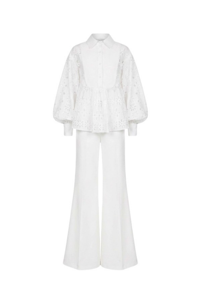 Tony Ward White Crochet Blouse and Wide Leg Pants - Pants - Lebanese Luxury Evening Wear at Luxury Shoes 