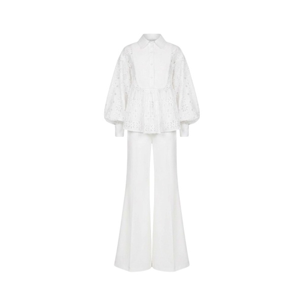 Tony Ward White Crochet Blouse and Wide Leg Pants