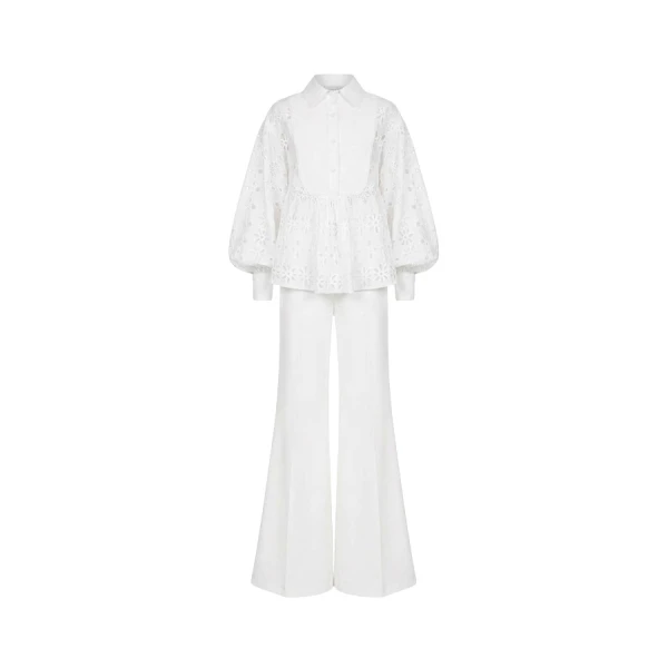 Tony Ward White Crochet Blouse and Wide Leg Pants - Pants - Lebanese Luxury Evening Wear at Luxury Shoes 