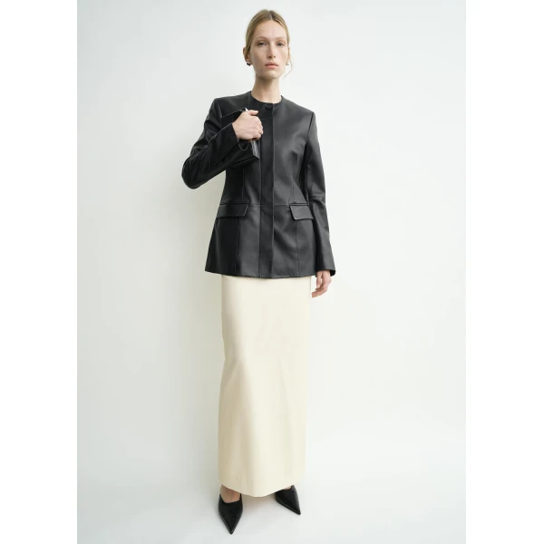 Toteme Collarless leather jacket in Black, view 2