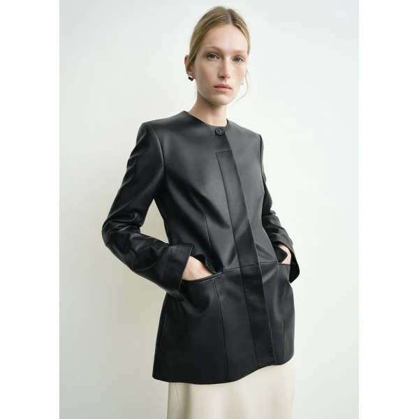 Toteme Collarless leather jacket in Black, view 5