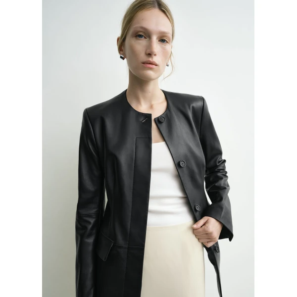 Toteme Collarless leather jacket in Black, view 6