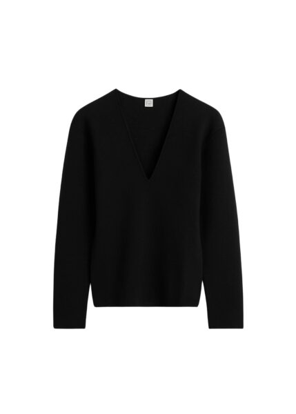 Totême Compact knit v-neck in Black - Knitwear - Scandinavian Minimalist Luxury at Luxury Shoes 