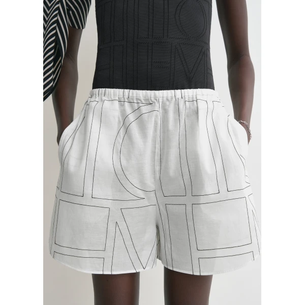 Toteme Monogram cotton pj shorts in White / Black, view 5