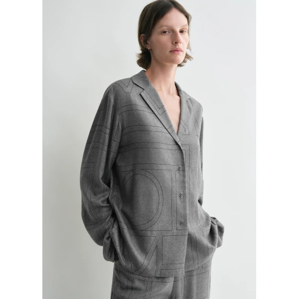 Toteme Monogram flannel pj top in Smoke melange, view 6