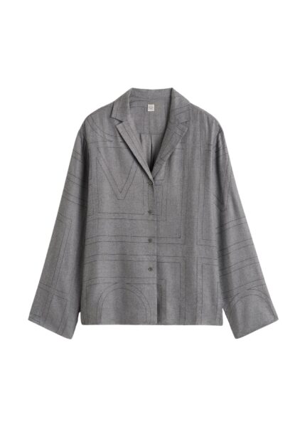 Totême Monogram flannel pj top in Smoke melange - Tops - Scandinavian Minimalist Luxury at Luxury Shoes 