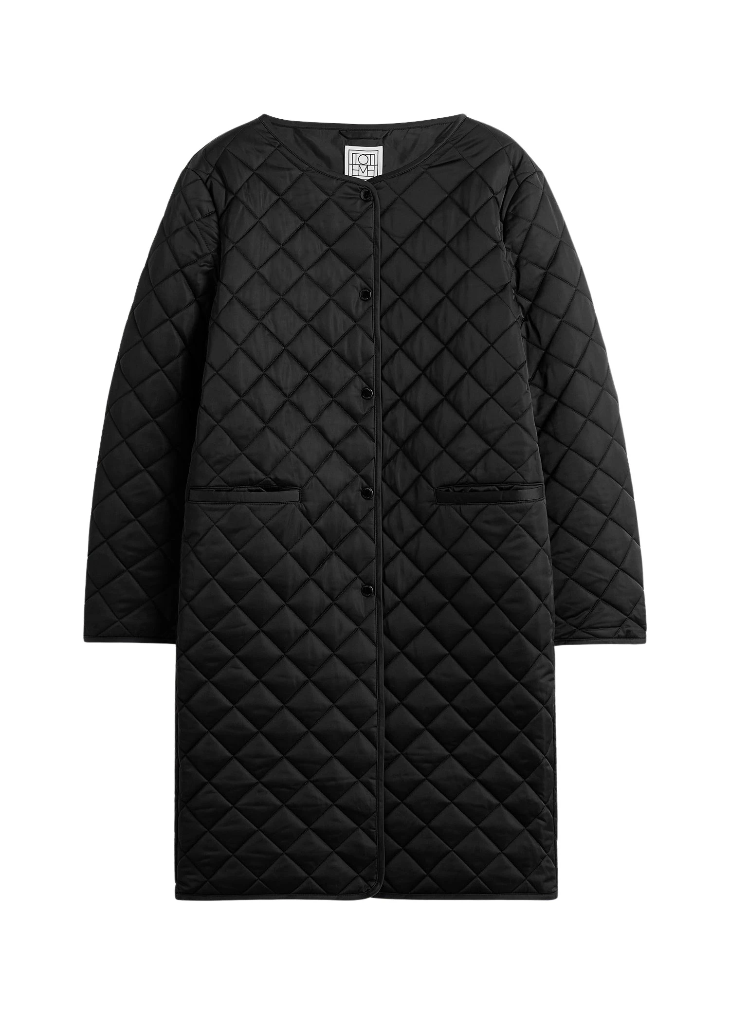 Quilted collarless coat in Black