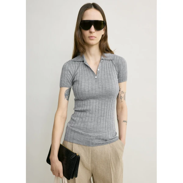Toteme Ribbed cashmere silk polo in Grey melange Knit, view 5