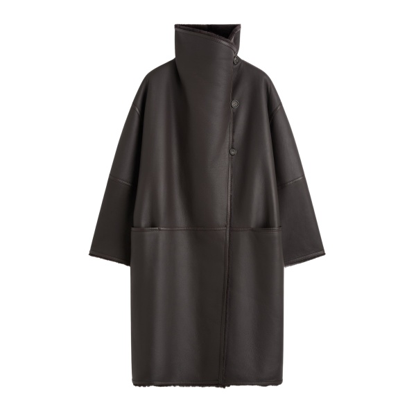Totême Shearling wrap coat in Dark brown - Coats - Scandinavian Minimalist Luxury at Luxury Shoes 