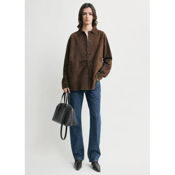 Toteme Soft suede overshirt in Bark Top, view 2